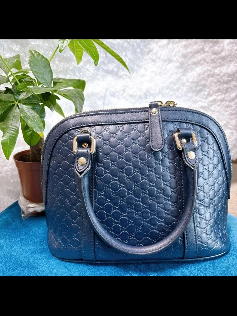 Gucci Navy Embossed GG Dome Satchel with Gold Hardware